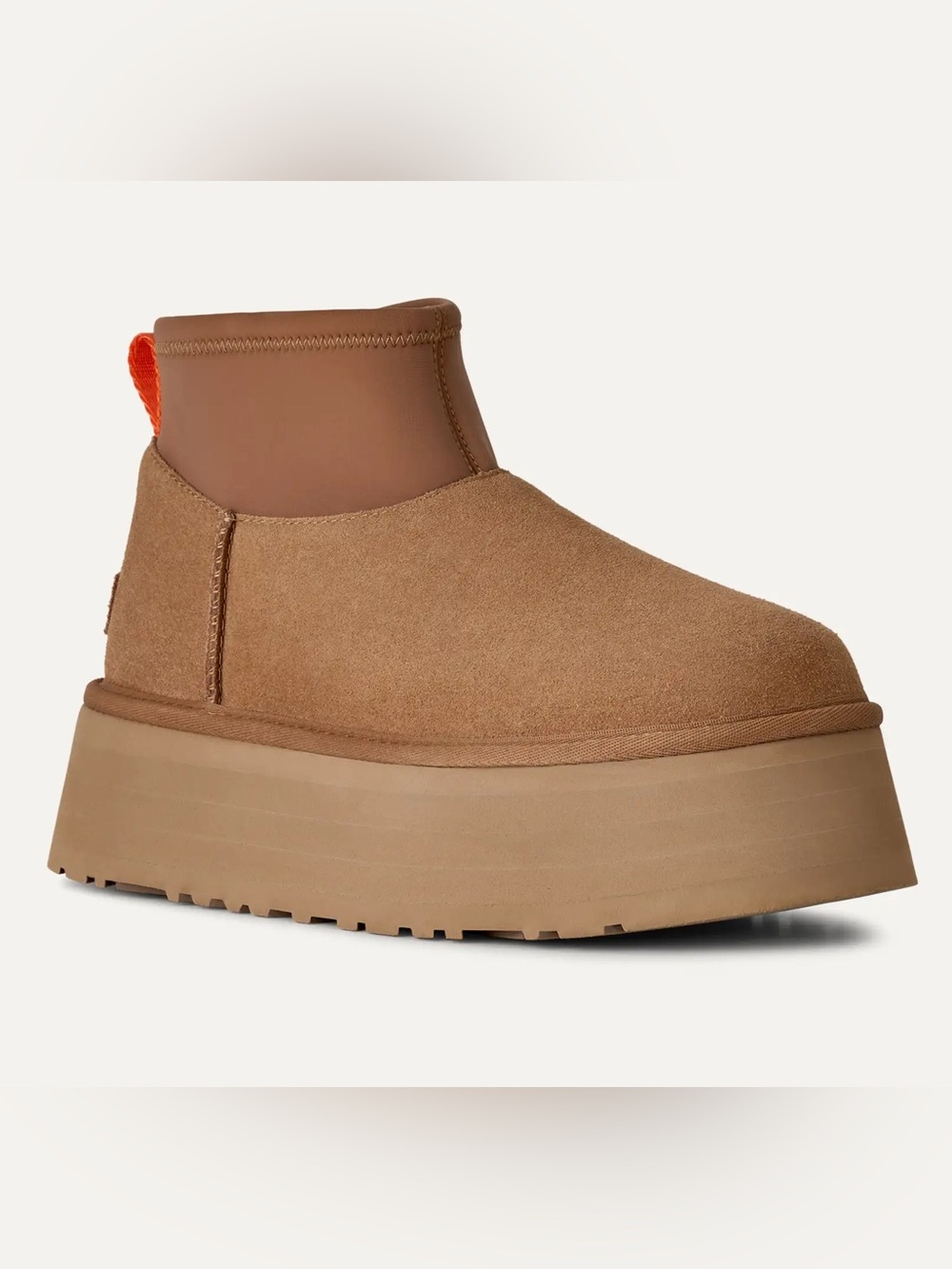UGG Classic Mini Dipper Tan Platform Ankle Boot with Orange Pull Tab
